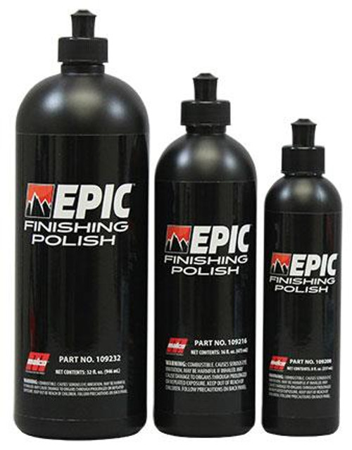 EPIC™ Finishing Polish is specially formulated for use with orbital polishers. It is a finishing polish to be used for light correction or as a final showroom gloss after EPIC™ Heavy Duty Compound or EPIC™ Medium Duty Compound