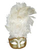 M6151 Feather Mask Mardi Gras Masquerade W/ Ostrich Boa White/Gold 9237