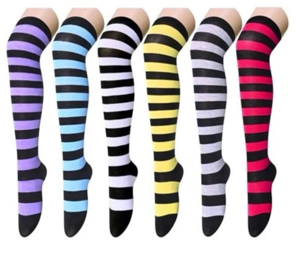 6 Pairs Women Girls Long Socks Striped Over The Knee Thigh High Stocking 9-11 17000