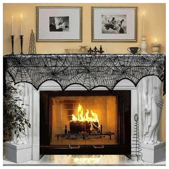 Halloween Decoration Black Lace Spiderweb Fireplace Mantle Scarf Cover