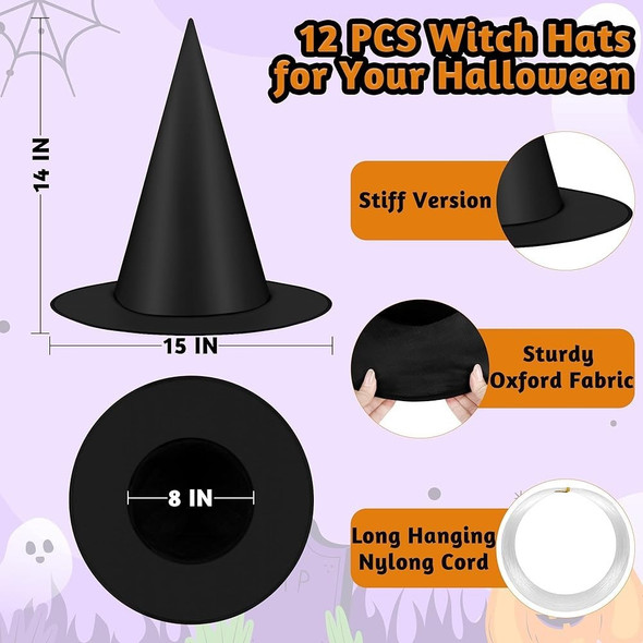 12 PACK Witch Hats, Halloween Wizard Hat, Halloween Party Decor for Front Porch