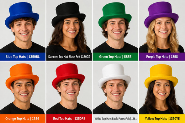 Top Hats Bulk | Top Hats Wholesale | Permafelt in 10 + Colors Adult 22.5" 1350ALL 