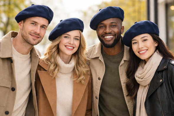 Navy Blue Beret Artist Hat Wool 22.5" Standard Adult Size 1367