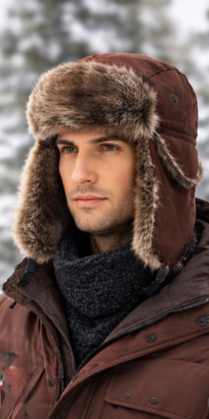 Brown Trapper Hat with Grey Faux Fur 5831 12 PACK
