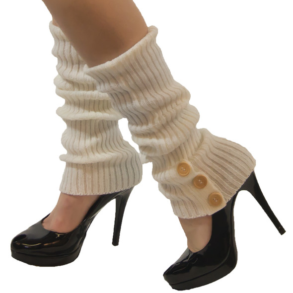 White Knit Leg Warmers with Button Trim 1256 White Knit Leg Warmers with Button Trim 1256