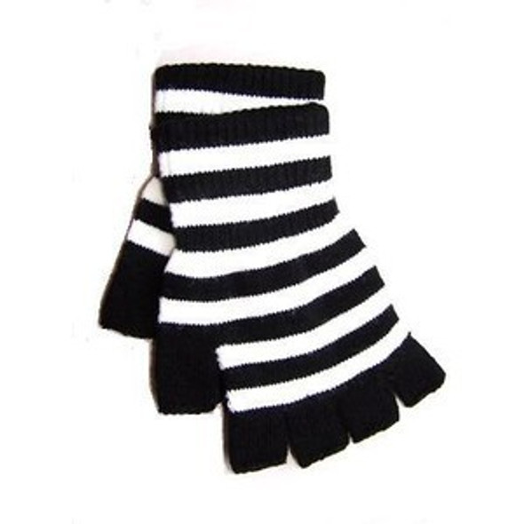 Fingerless Knit Gloves Stripe Black White 5074