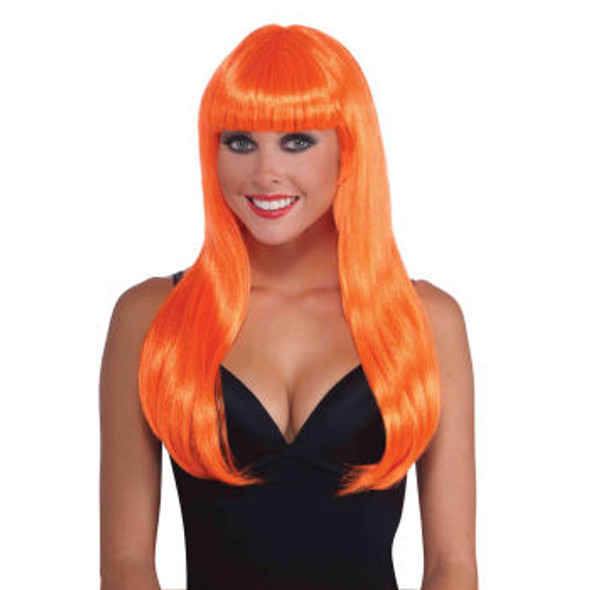 80's Neon Orange Long Wig With Bangs 6078