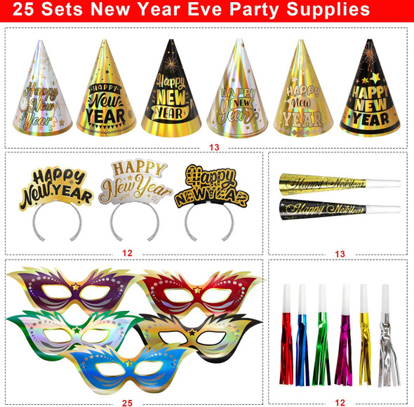 New Years Eve Party Supplies for 25 Guests 2026 75 Pcs NYE Party Supplies Gold Silver NYE Hats Glitter Tiaras Decorations Noise Makers Paper Masks Favors Kits 3889