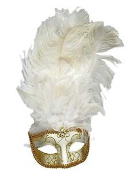 M6151 Feather Mask Mardi Gras Masquerade W/ Ostrich Boa White/Gold 9237 M6151 Feather Mask Mardi Gras Masquerade W/ Ostrich Boa White/Gold 9237