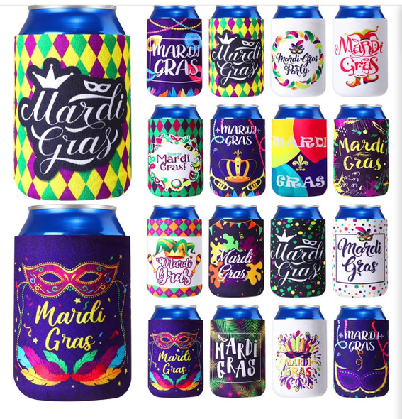 Mardi Gras Bulk Party Can Cooler Sleeves | 12 oz Cold Drinks Beer Drink Can Bottle Cooler Sleeves for Carnival Party 9237