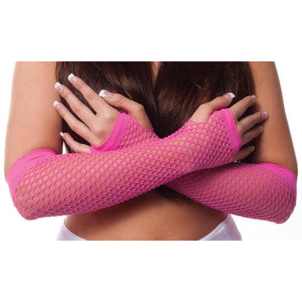 12 PACK 80's Long Fishnet Gloves - Neon Pink  WS1232D