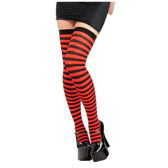 12 PACK Stockings Stripe Opaque Thigh High Red/Black WS8172D