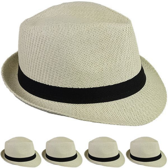 12 PACK Tan Cuban Tweed Fedora Hats with Black Band 1328LI Adult Size