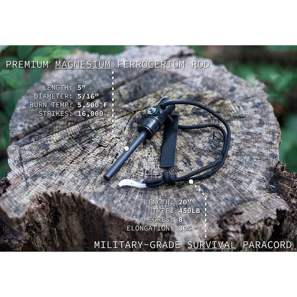 Magnesium Fire Starter | Magnesium Ferro Rod Fire Starter w/ Compass & Paracord For Survival and Camping - 30205 