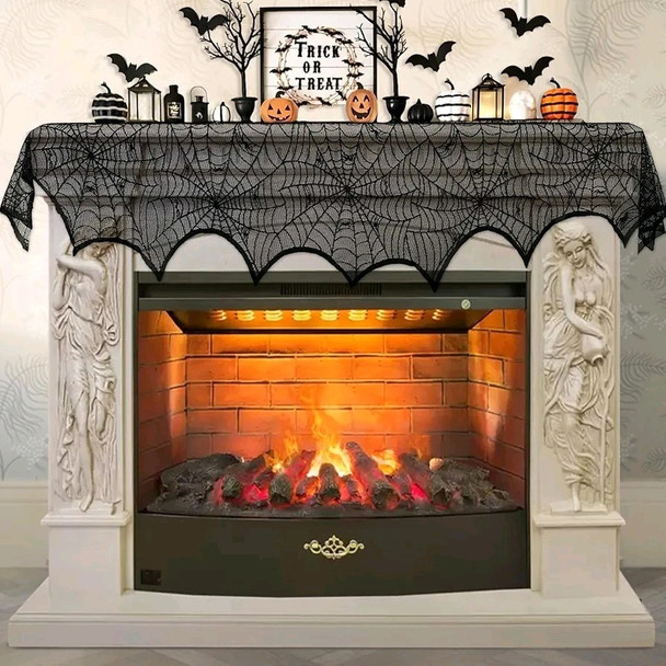 Halloween Decoration Black Lace Spiderweb Fireplace Mantle Scarf Cover