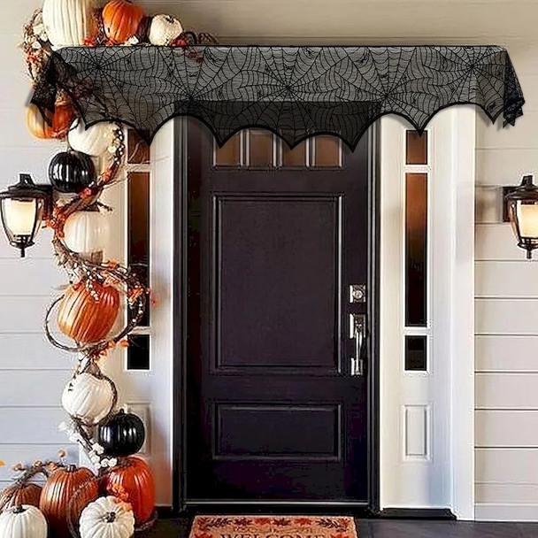 Halloween Decoration Black Lace Spiderweb Fireplace Mantle Scarf Cover