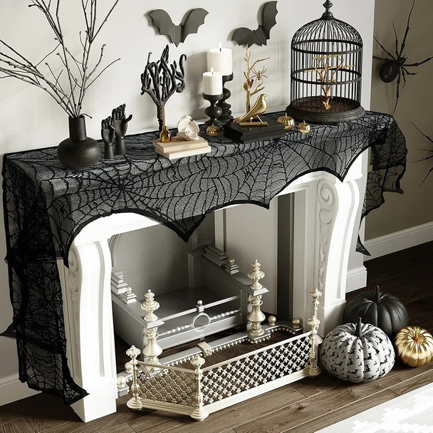 Halloween Decoration Black Lace Spiderweb Fireplace Mantle Scarf Cover