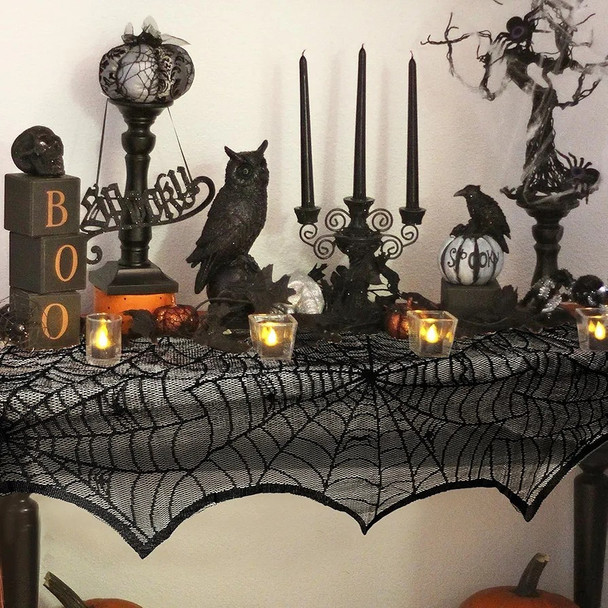 Halloween Decoration Black Lace Spiderweb Fireplace Mantle Scarf Cover