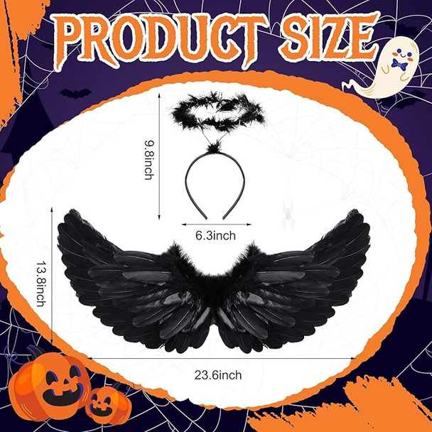 8 PACK Black Angel Wings Feather Adult + Bonus 8 Black Angel Halos 4456