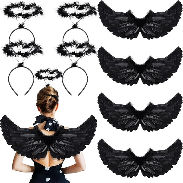 8 PACK Black Angel Wings Feather Adult + Bonus 8 Black Angel Halos 4456