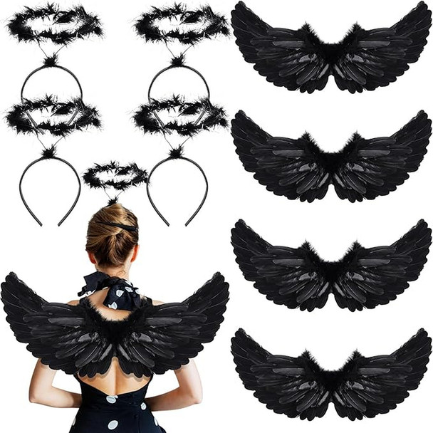 8 PACK Black Angel Wings Feather Adult + Bonus 8 Black Angel Halos 4456