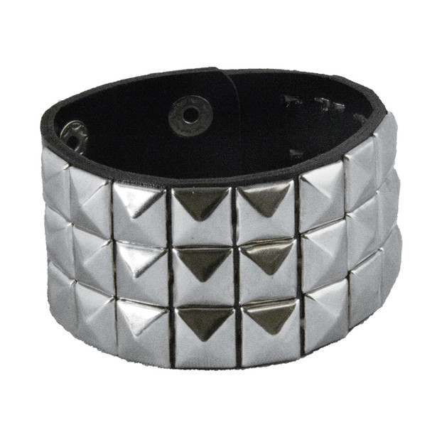 3-Row Silver Studded Biker Wristband 6506