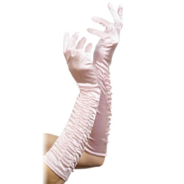Pink Long Ruched Satin Gloves 5097