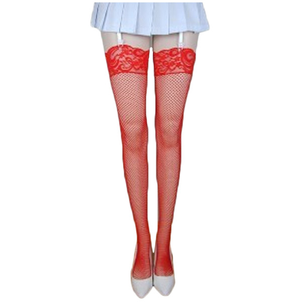 Red Fishnet Thigh High Stockings with Lace Top 8034