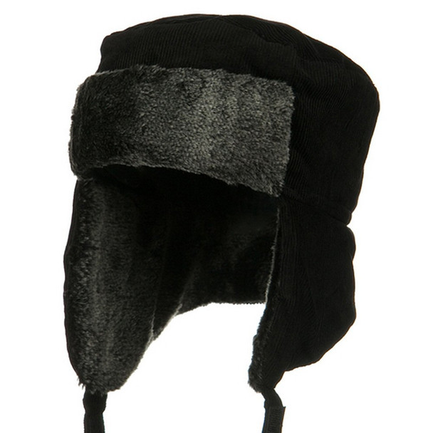 Black Corduroy Winter Hat with Grey Fur 5829