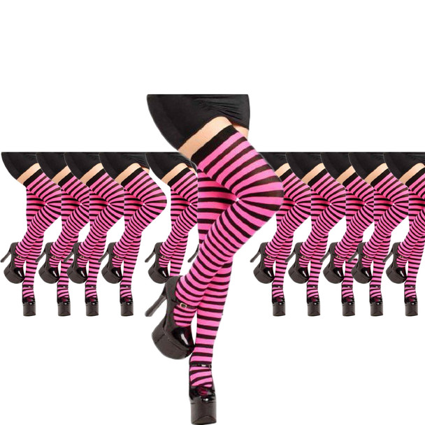 Thigh Highs Pink and Black Striped 12PK 8173D