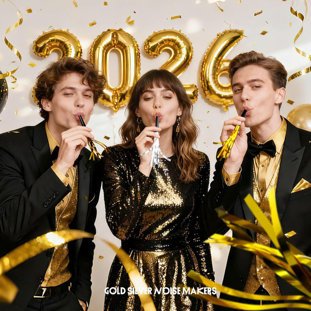 24 Pack Gold and Silver Noise Makers | Elegant Glitter & Metallic Fringed Party Blowers for Adult Events – Birthday, Graduation, Sports & New Year’s Favors