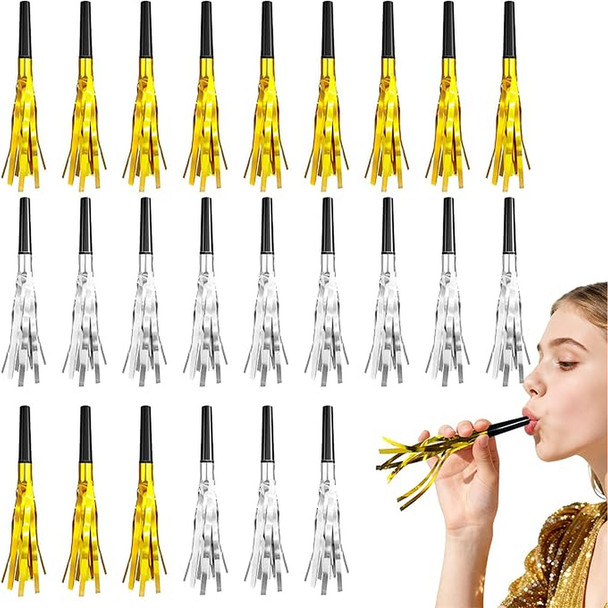 24 Pack Gold and Silver Noise Makers | Elegant Glitter & Metallic Fringed Party Blowers for Adult Events – Birthday, Graduation, Sports & New Year’s Favors