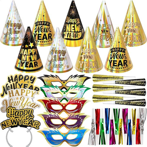 New Years Eve Party Supplies for 25 Guests 2026 75 Pcs NYE Party Supplies Gold Silver NYE Hats Glitter Tiaras Decorations Noise Makers Paper Masks Favors Kits 3889