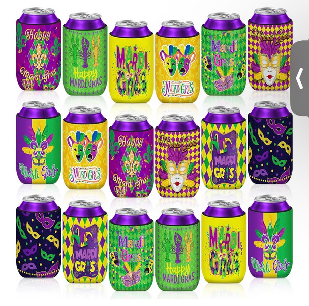 Mardi Gras Bulk Party Can Cooler Sleeves | 18pcs 12 oz Cold Drinks Beer Drink Can Bottle Cooler Sleeves for Carnival Party 9237