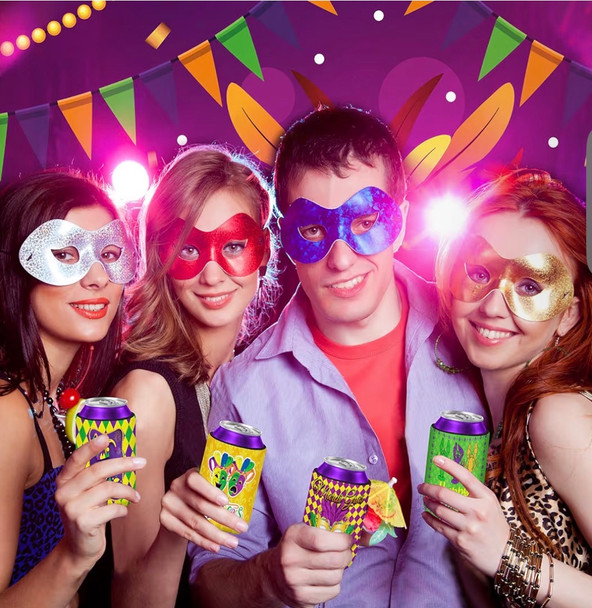 Mardi Gras Bulk Party Can Cooler Sleeves | 12 oz Cold Drinks Beer Drink Can Bottle Cooler Sleeves for Carnival Party 9237