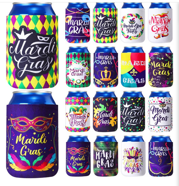 Mardi Gras Bulk Party Can Cooler Sleeves | 12 oz Cold Drinks Beer Drink Can Bottle Cooler Sleeves for Carnival Party 9237
