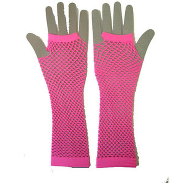 12 PACK 80's Long Fishnet Gloves - Neon Pink  WS1232D