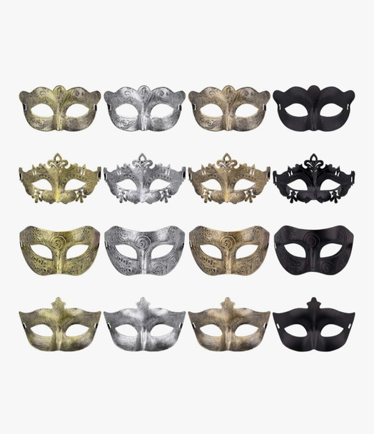 16 PACK Mardi Gras Bulk Masks Black Silver Gold  Wholesale Venetian Masks Bulk  1847SDZ