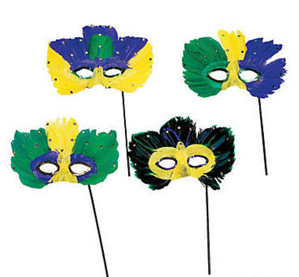  Mardi Gras Stick Feather Masks |  12 PACK Standard