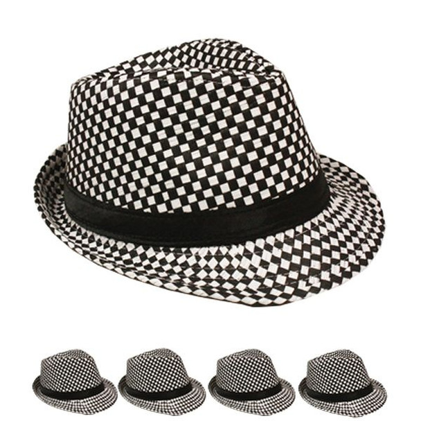 12 PACK Checkered Fedora Hats Black/White  1310BW Adult Size