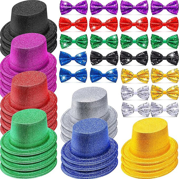 12 PACK Glitter Top Hats Mix Colors and Bowtie 5896M