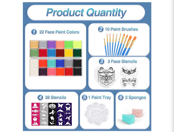 Face Paint Super Value Kit 22 Colors Face Paint Kit Includes Paint Tray, Sponges, Brushes and Stencils, Professional Face Painting Kit Non Toxic for Kids and Adults Halloween Makeup 1999  