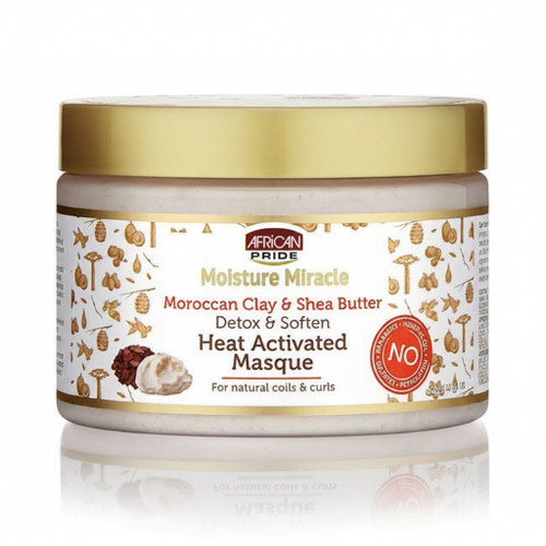 African Pride Moist Miracle Moroccan Clay Shea Butter Mask Moroccan Clay & shea butter. Detox & soften. For natural coils & curls. No parabens. No mineral oil. No sulfates. No petrolatum.