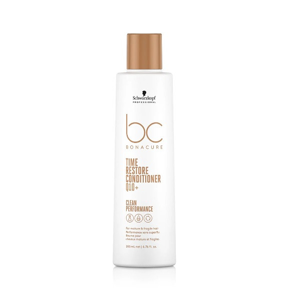 Schwarzkopf Time Restore conditioner is specially formulated with Q10+ to detangle dry and brittle, mature hair.