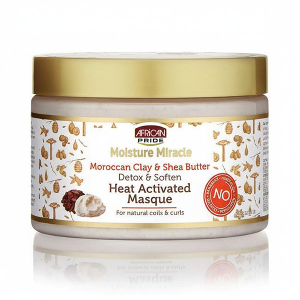 African Pride Moist Miracle Moroccan Clay Shea Butter Mask Moroccan Clay & shea butter. Detox & soften. For natural coils & curls. No parabens. No mineral oil. No sulfates. No petrolatum.