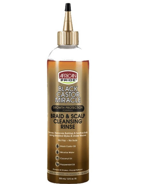 African Pride Braid & Scalp Cleansing Rinse gently cleanses and conditions hair, edges, and the scalp during braided styles and under weaves without causing frizz.