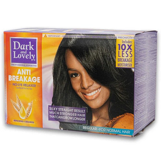 Dark and Lovely Anti-Breakage No Lye Relaxer Kit Regular delivers one full head application on virgin hair or two touch-ups application on regrowth.