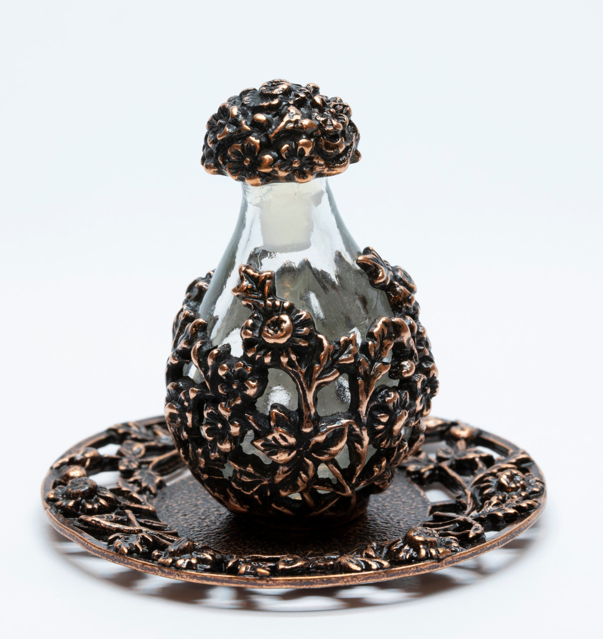 Copper with Clear Glass Victorian Tear Bottle  with Copper Filigree Rim Tray