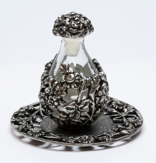 Pewter with Clear Glass Victorian Tear Bottle with Pewter Solid Rim Tray