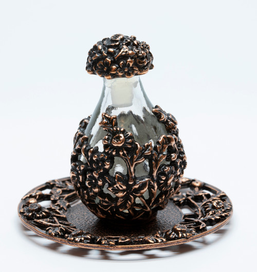 Copper with Clear Glass Victorian Tear Bottle  with Copper Filigree Rim Tray